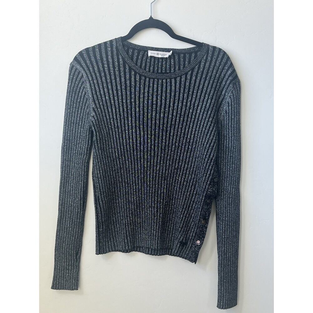 Tory Burch Merino Wool Shimmering Stripe Crewneck Sweater Size Large Retail $448